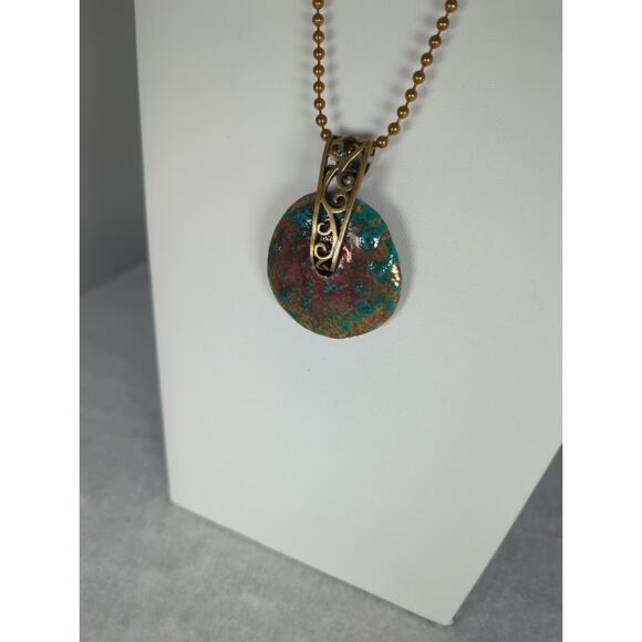 Raku donut pendant+17 ball chain handmade artisan brass ethnic boho hippie NWT - Picture 6 of 6